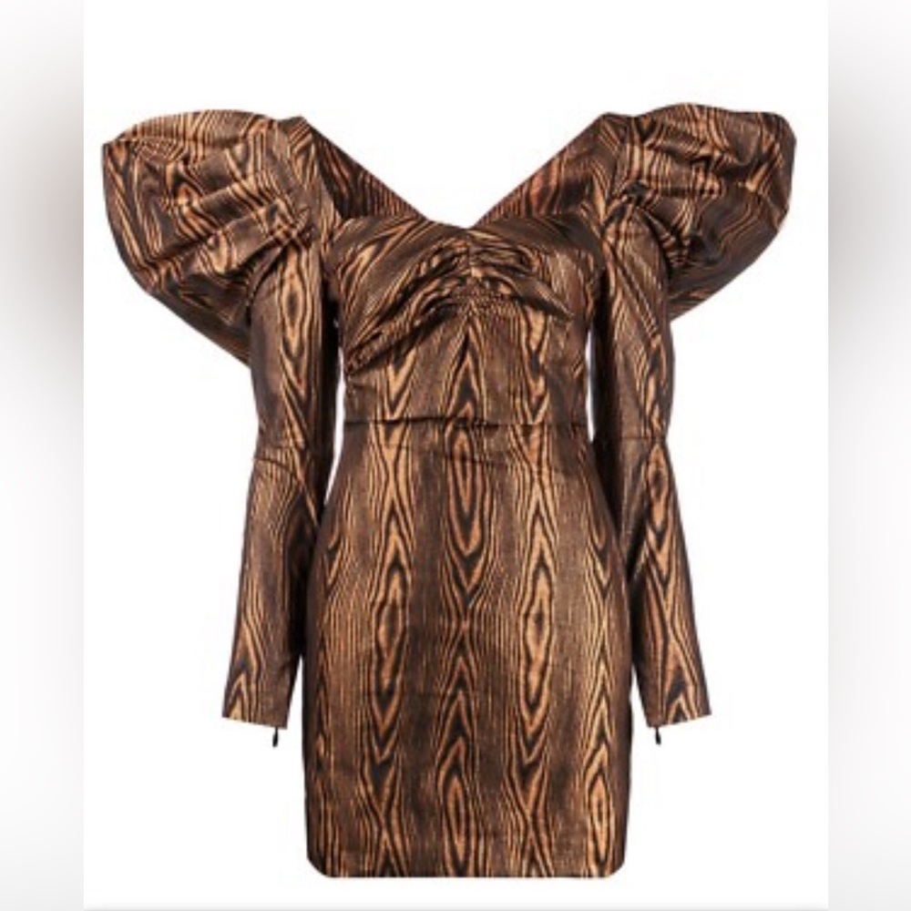 House of Holland tiger wood print Volume sleeve mini bronze dress 8 NWT $499